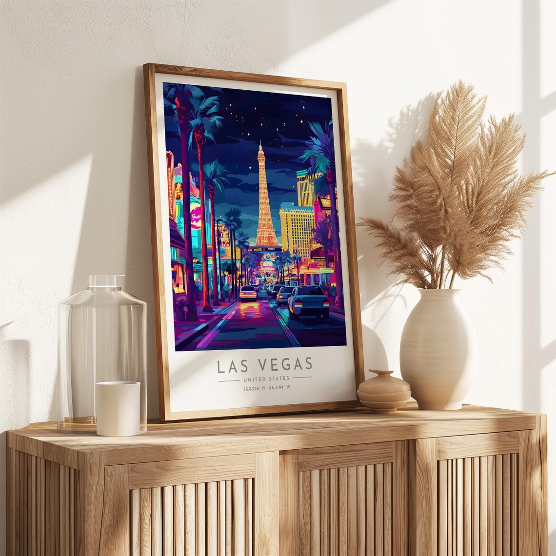 Las Vegas Strip Neon Night Eiffel Tower Street Travel Poster - Image 3
