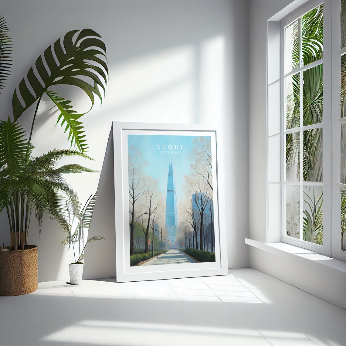Seoul Lotte Tower Morning Skyline Tree Lined Blue Avenue Poster - Image 4