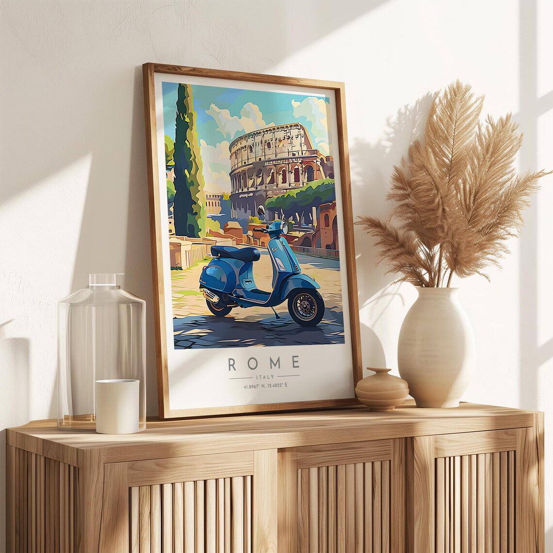 Rome Blue Vespa Scooter Colosseum Cobblestone Vintage Travel Poster - Image 3