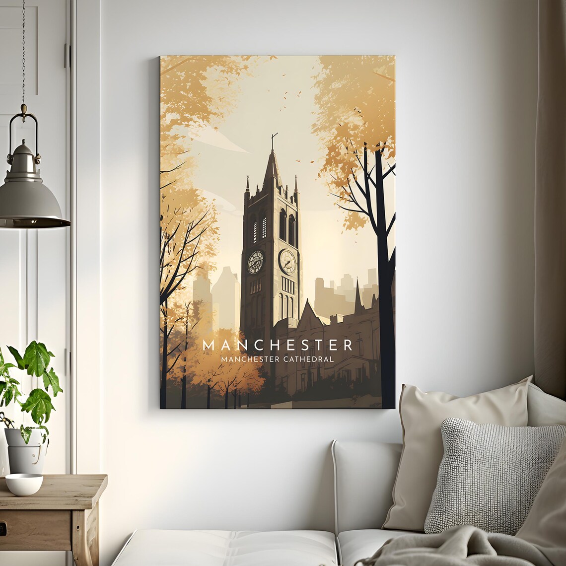 Manchester Cathedral Golden Autumn Trees England Minimal Travel Poster - Image 3