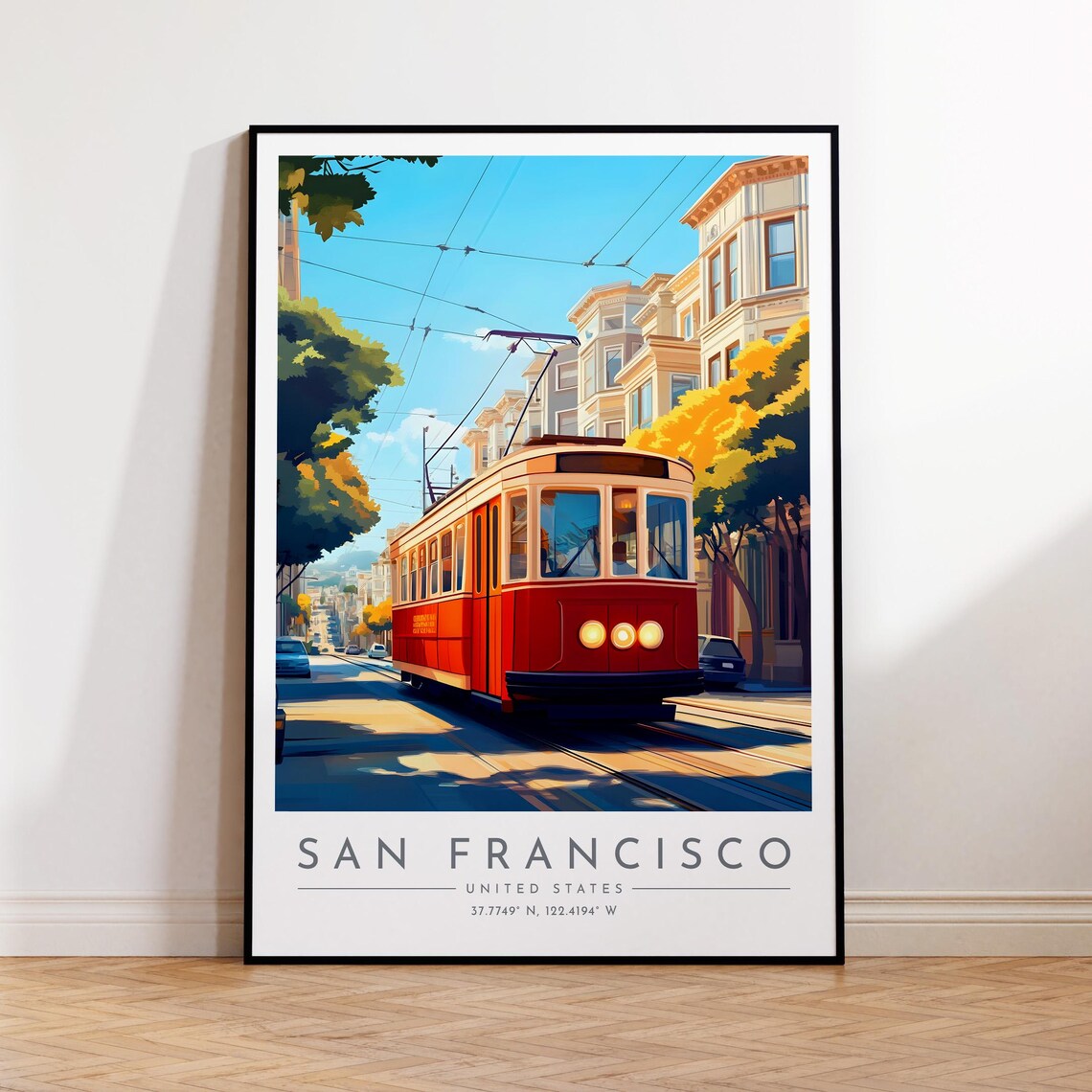 San Francisco Classic Red Cable Car Victorian Street Travel Poster