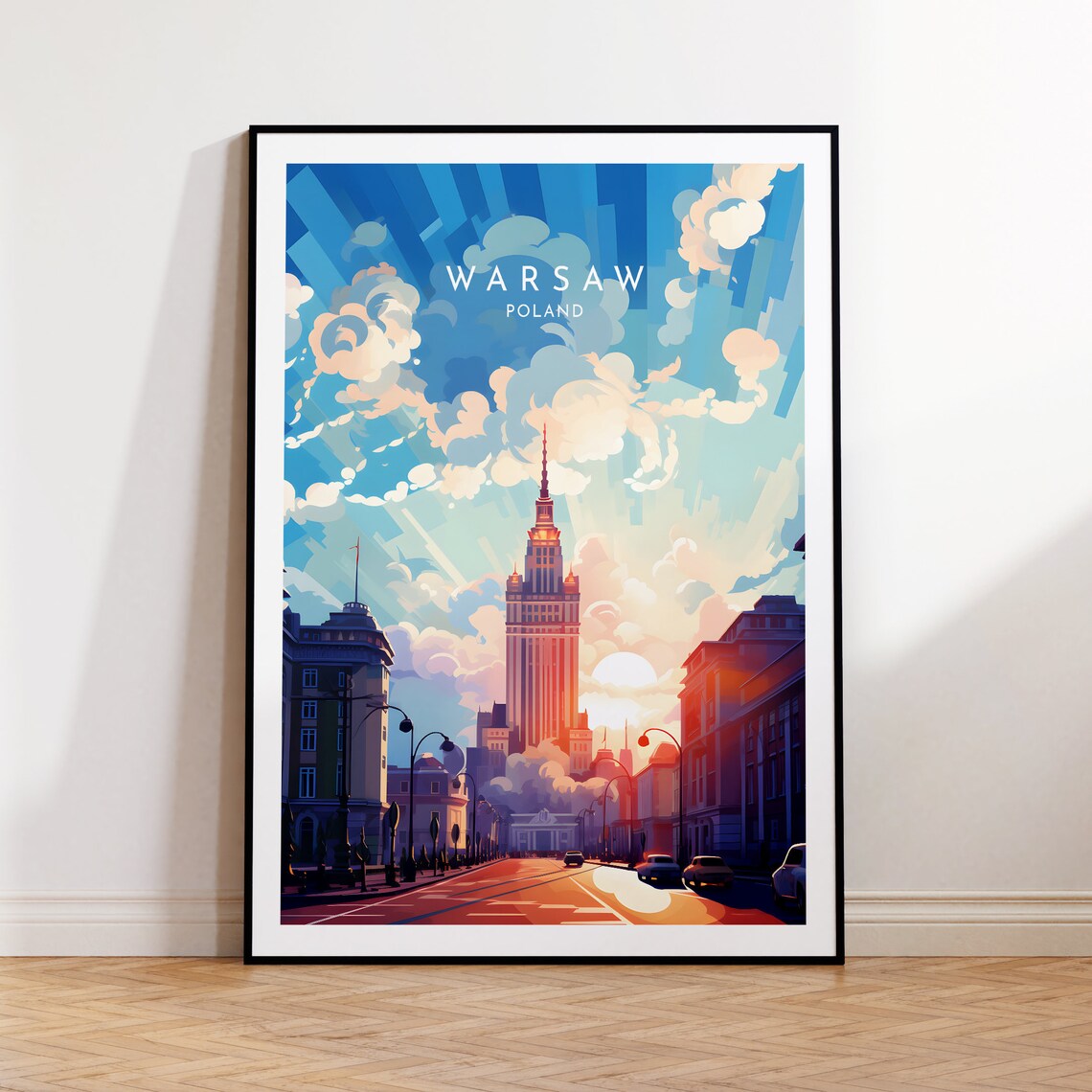 Modern Warsaw Poland Palace of Culture Tower Blue Sky Street Poster