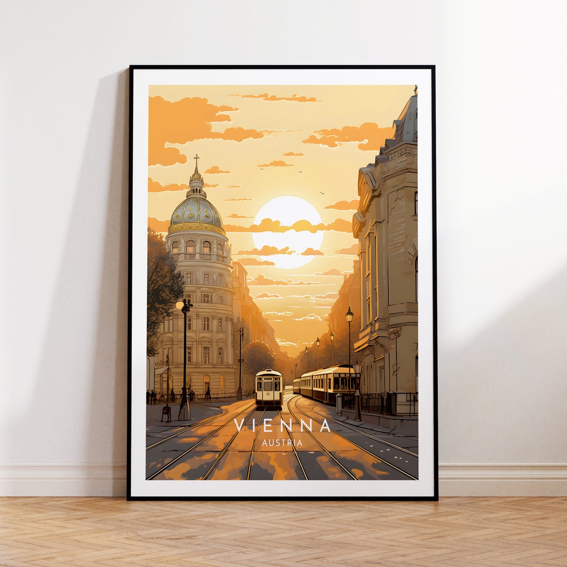 Vienna Austria Golden Sunset Tram Domed Boulevard Travel Poster