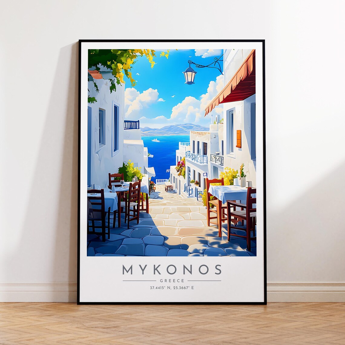 Mykonos White Alley Cafes Blue Sea Flowers Greece Travel Poster