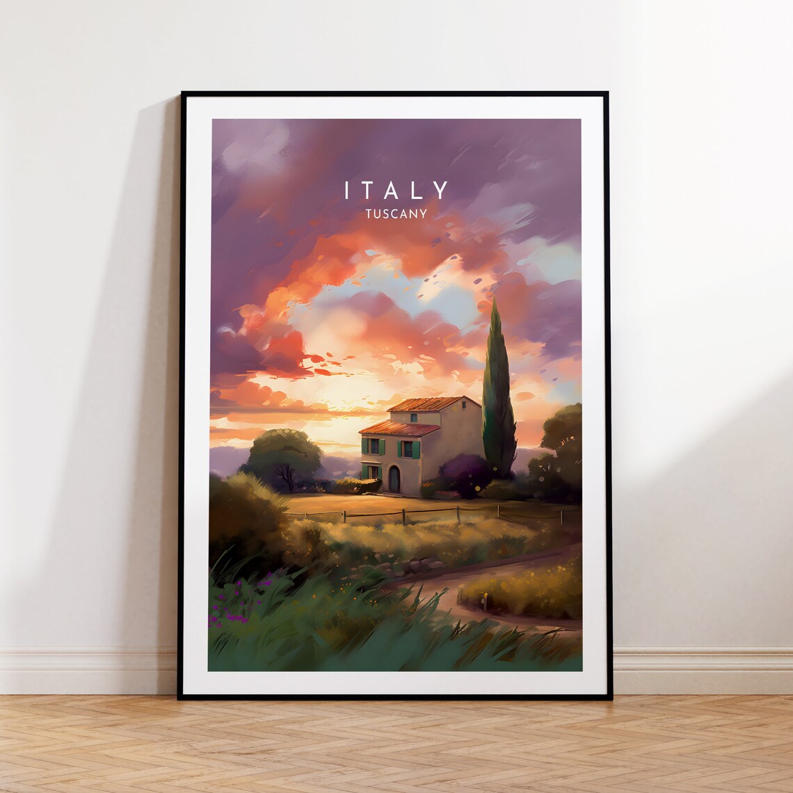 Tuscany Italy Farmhouse Cypress Purple Sunset Countryside Poster