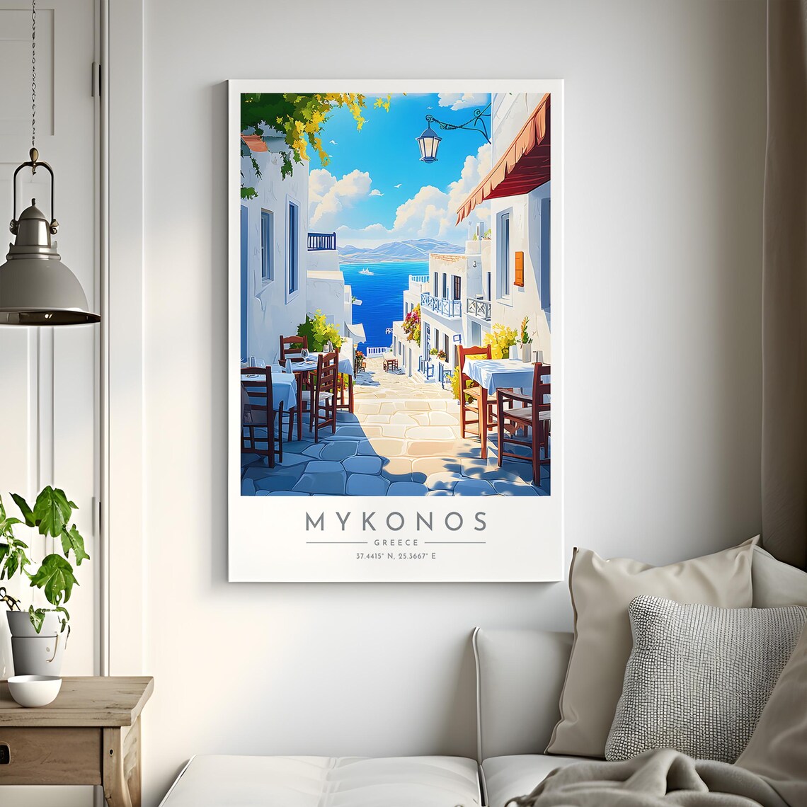 Mykonos White Alley Cafes Blue Sea Flowers Greece Travel Poster - Image 2