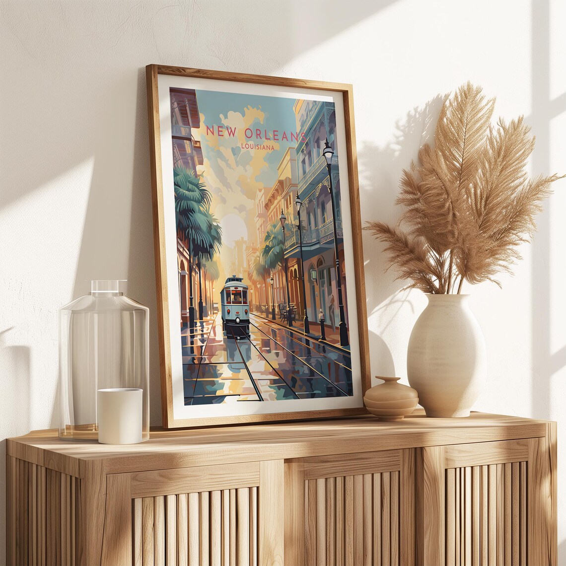 New Orleans Louisiana Streetcar Wet Palm Street Golden Hour Poster - Image 2
