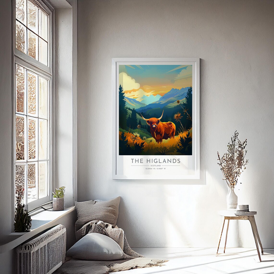 The Highlands Highland Cow Sunset Mountain Thistles Wall Art - Image 4