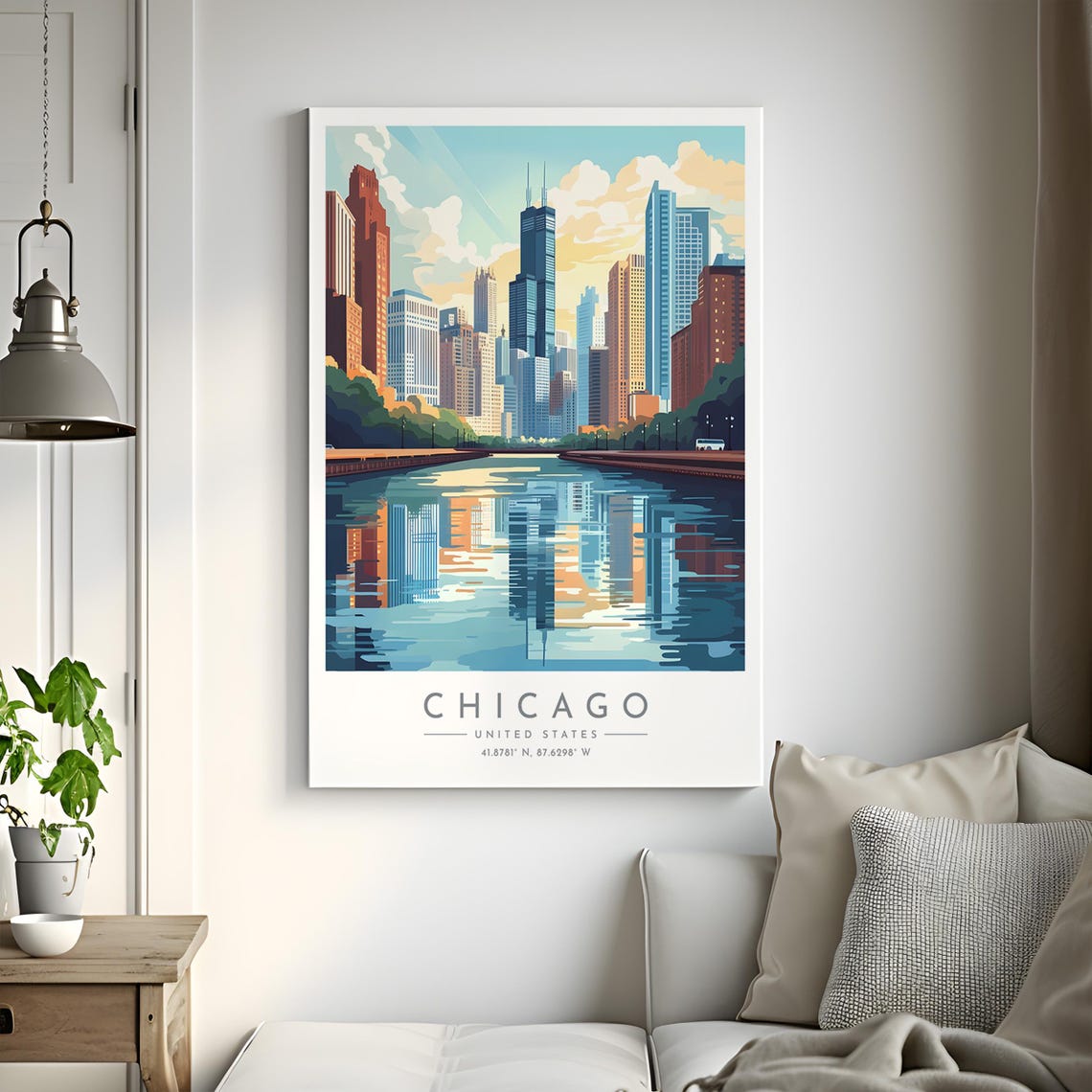 Chicago Illinois Riverside Skyline Reflection Downtown Towers Poster - Image 2