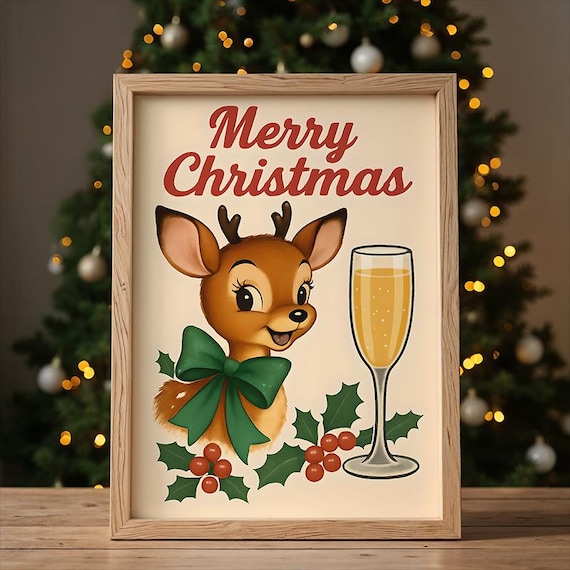 Merry Christmas Baby Reindeer With Champagne Glass Retro Holiday Poster