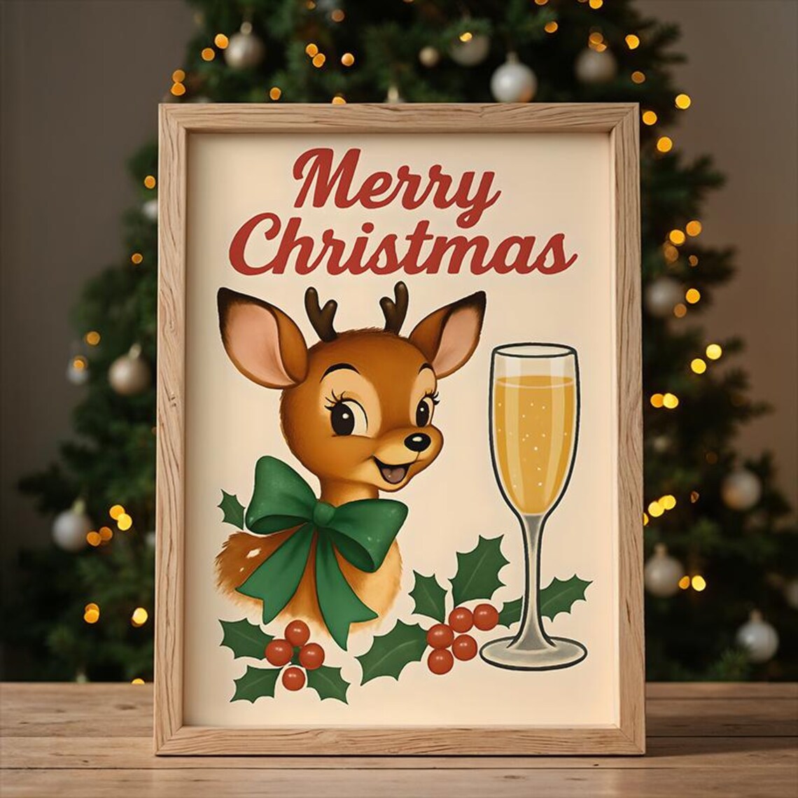 Merry Christmas Baby Reindeer With Champagne Glass Retro Holiday Poster