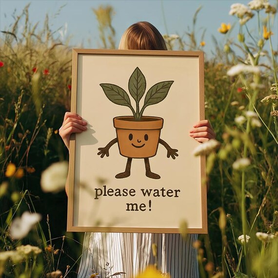 Please Water Me Cute Cartoon Plant Pot Retro Style Quote Poster