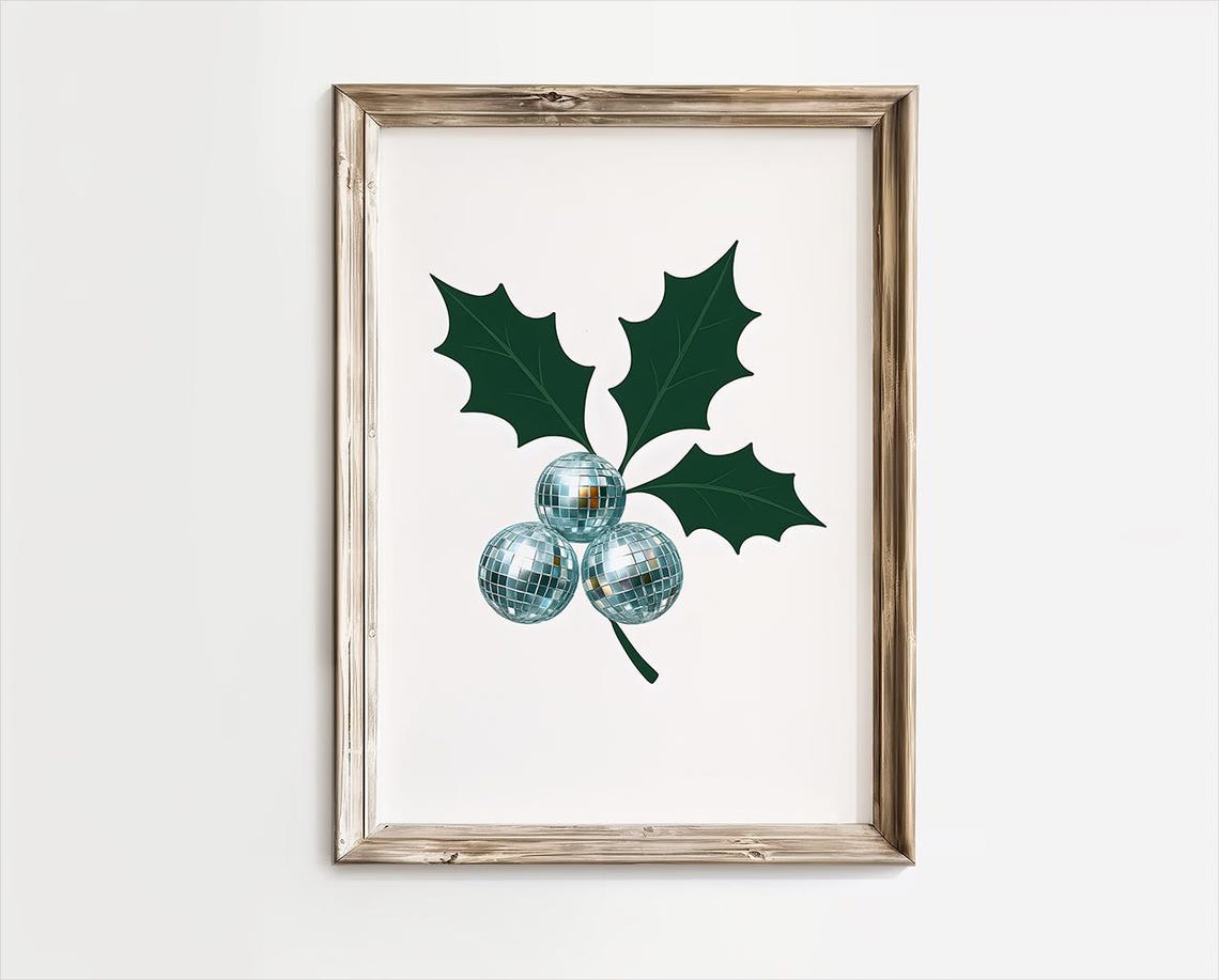 Retro Christmas Holly Sprig With Disco Ball Berries Art Poster