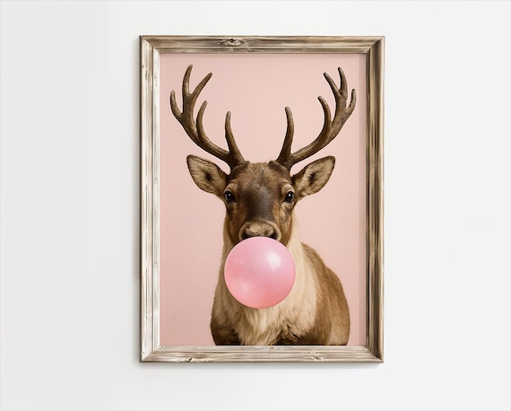 Funny Reindeer Blowing Pink Bubble Gum Christmas Holiday Art Poster