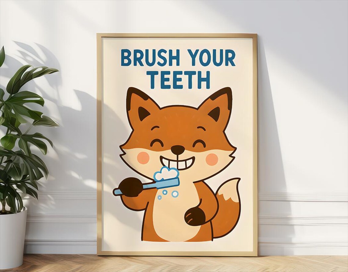 Fox Brush Your Teeth Print Kids Bathroom Wall Art