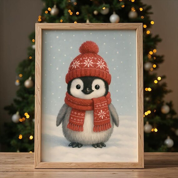 Christmas Penguin Poster Cute Winter Nursery Wall Art