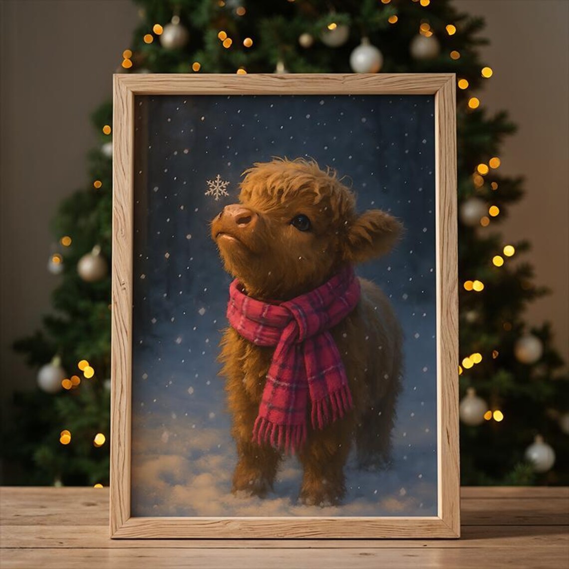 Baby Highland Cow With Red Scarf In Snow Winter Scene Poster