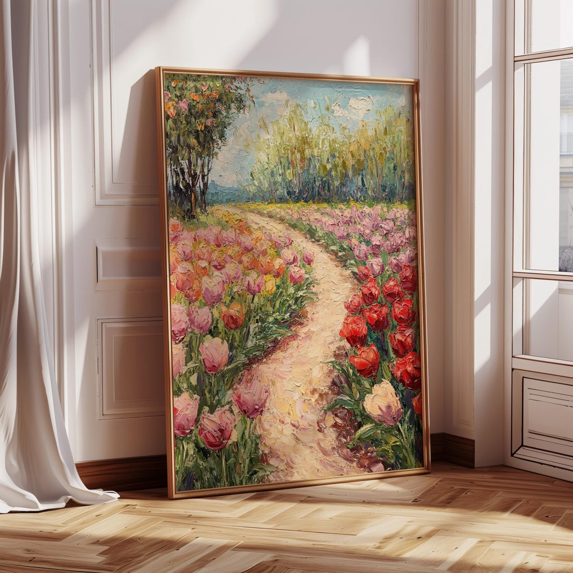 Colorful Tulip Field Pathway, Impressionist Landscape - Image 3