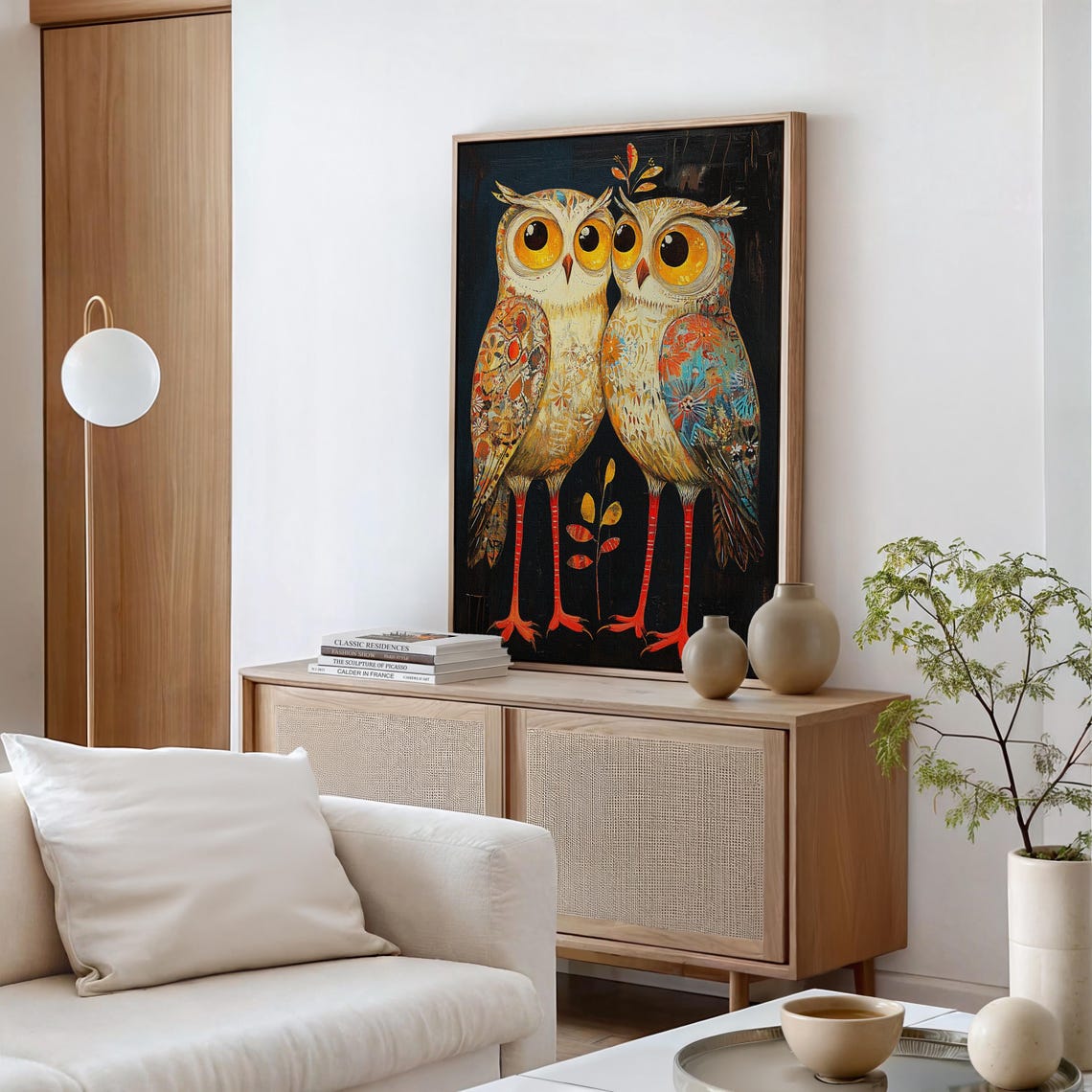 Whimsical Owl Pair Artwork Intricate Floral Patterns And Bold Colors On A Dark Background - Image 4