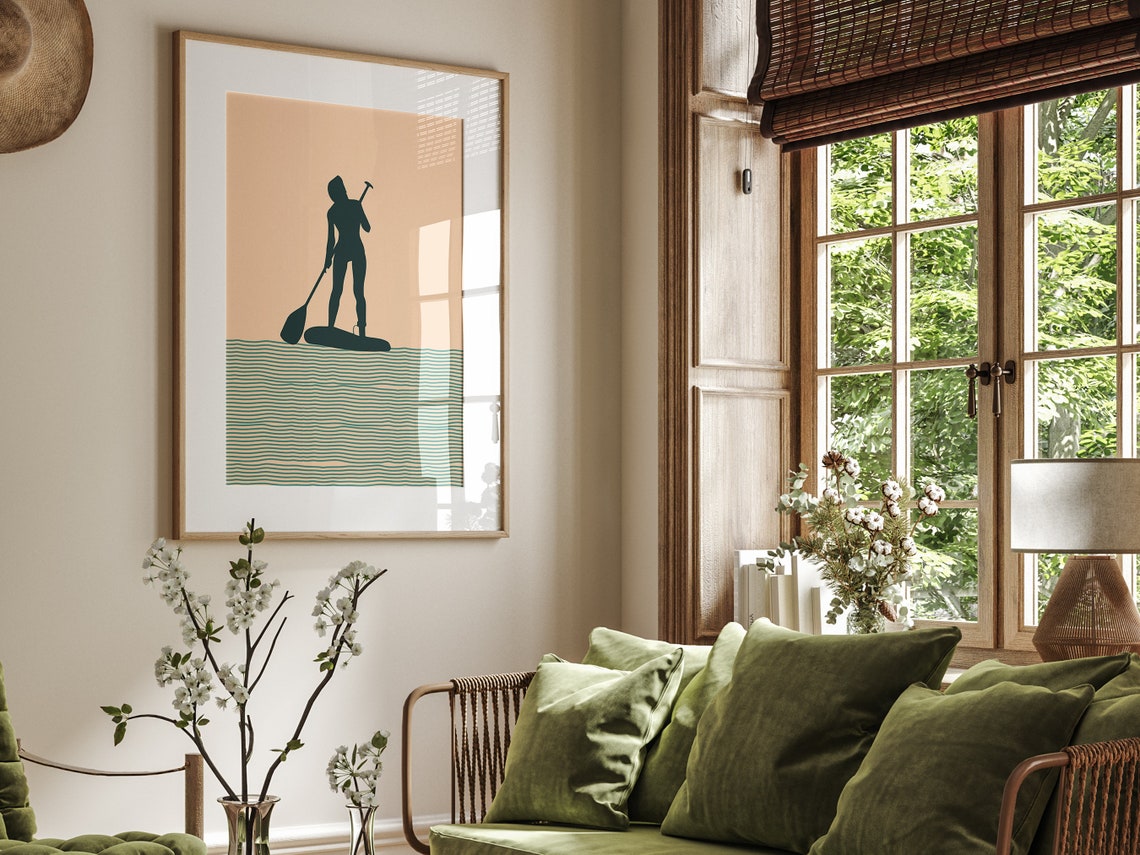Paddle Board Woman Silhouette Boho Beige Minimalist Ocean Wall Poster - Image 2