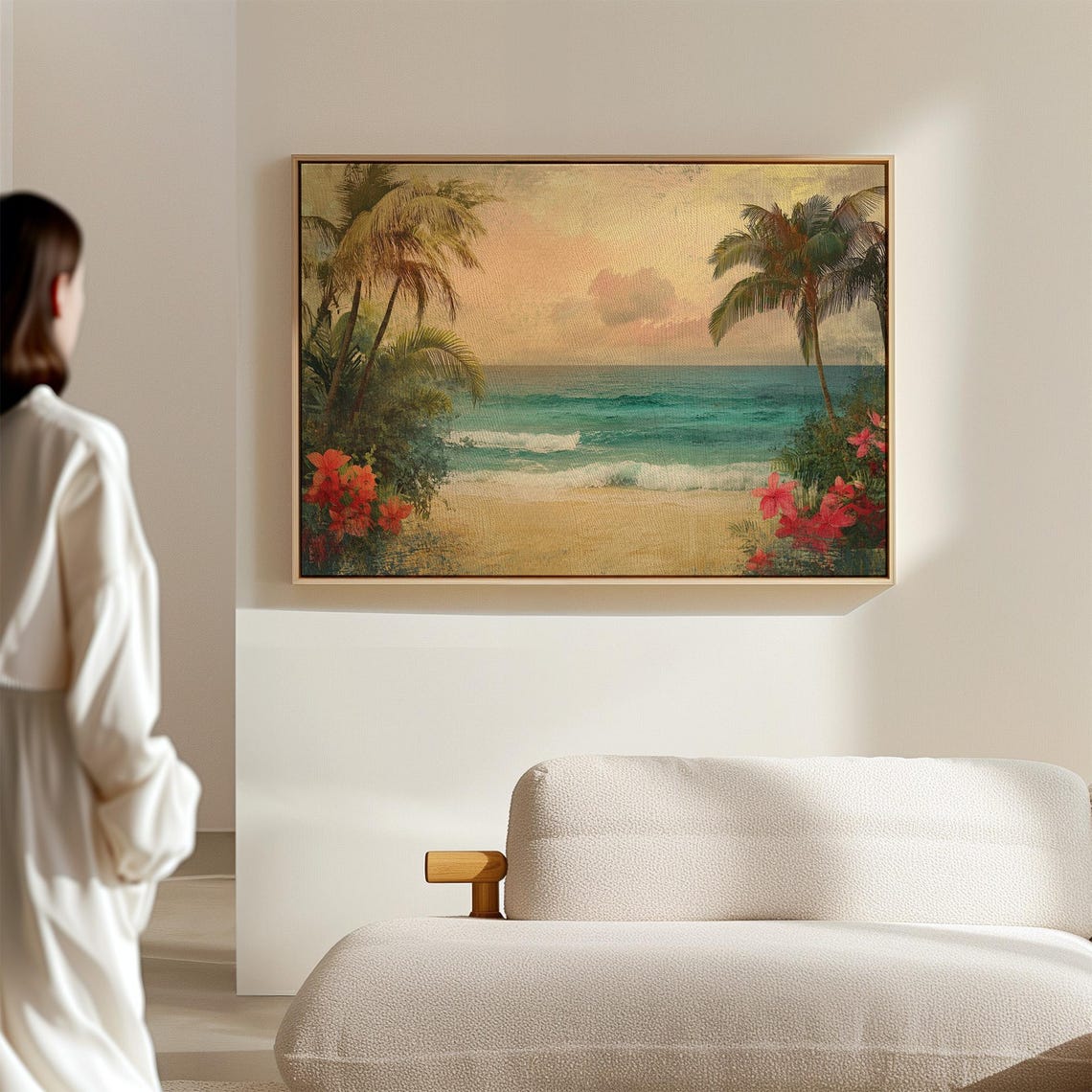 Vintage Tropical Beach Palm Trees Turquoise Ocean Sunset Art Poster - Image 2