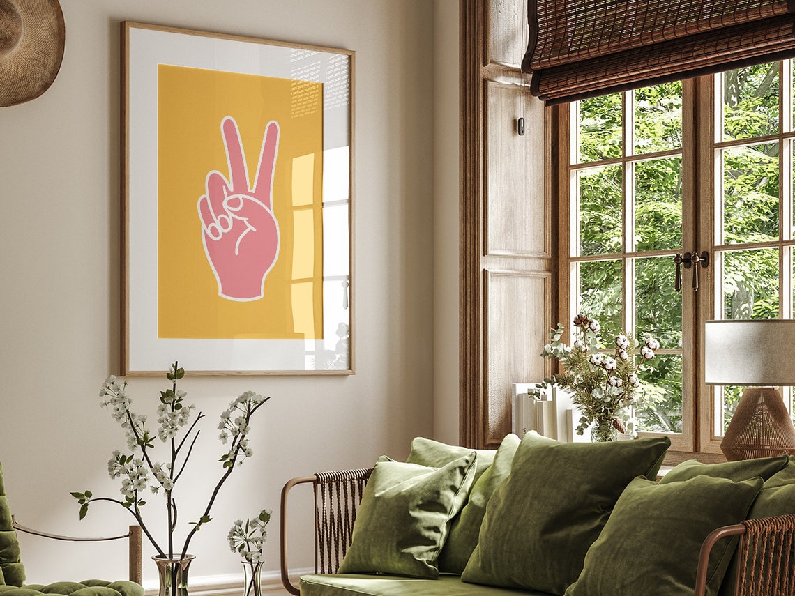 Pink Peace Sign Hand On Mustard Yellow Background Groovy Wall Art - Image 2