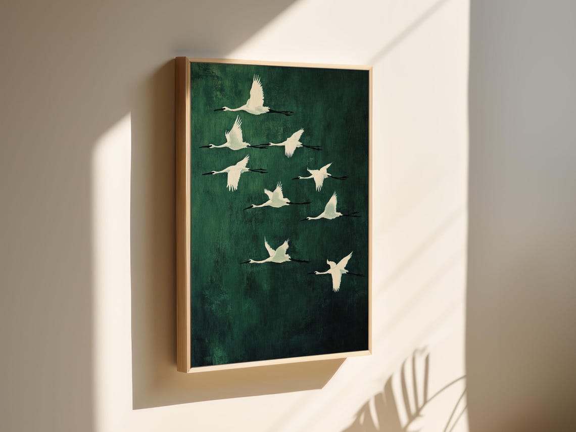 White Cranes Flying Over Dark Green Minimalist Bird Wall Art Poster