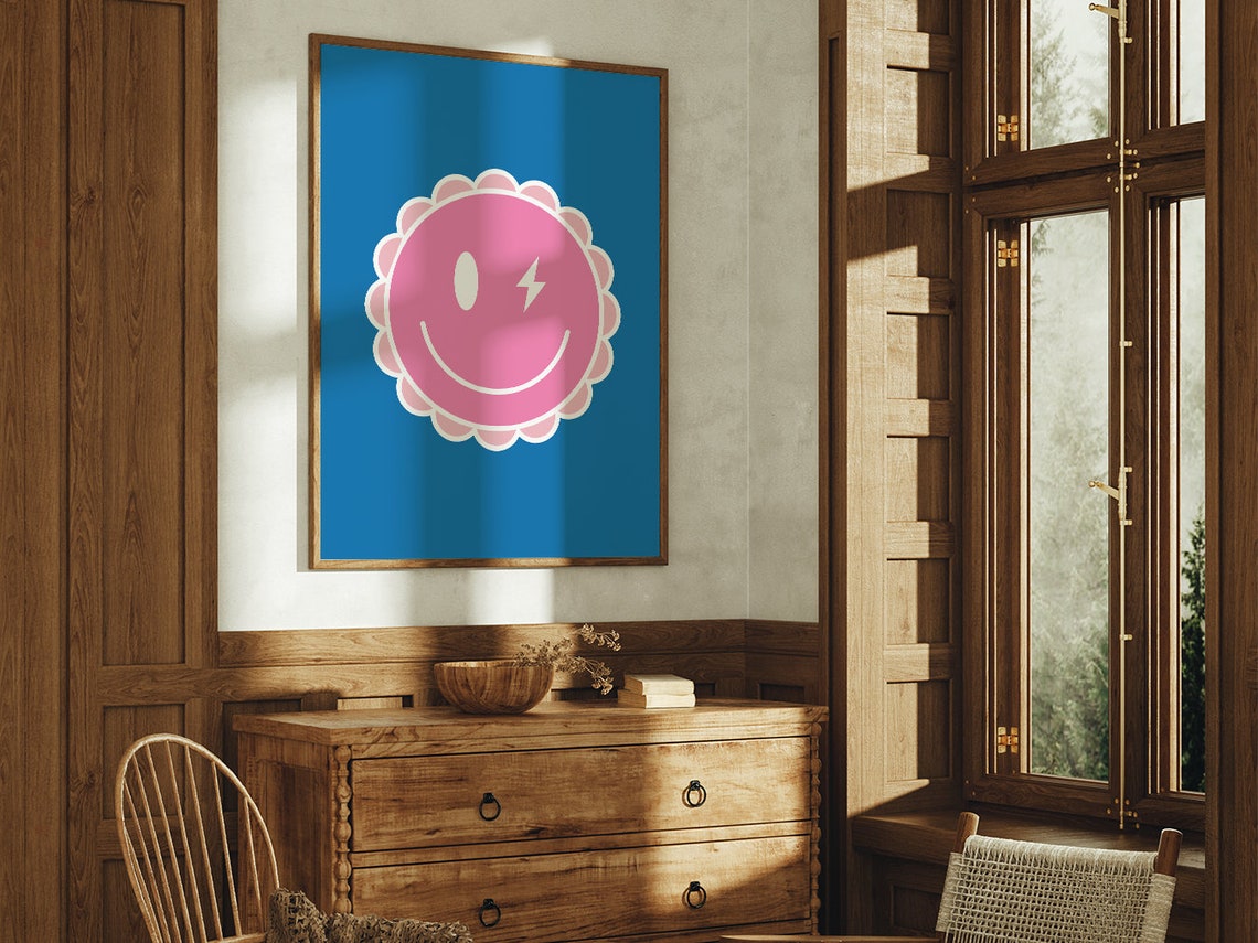 Cute Pink Smiley Face Bolt Eye On Blue Retro Preppy Aesthetic Poster - Image 2