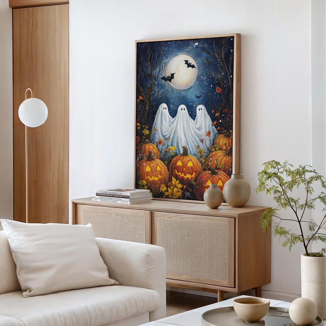 Three Cute Ghosts With Jack O Lanterns Full Moon Halloween Poster - Image 2