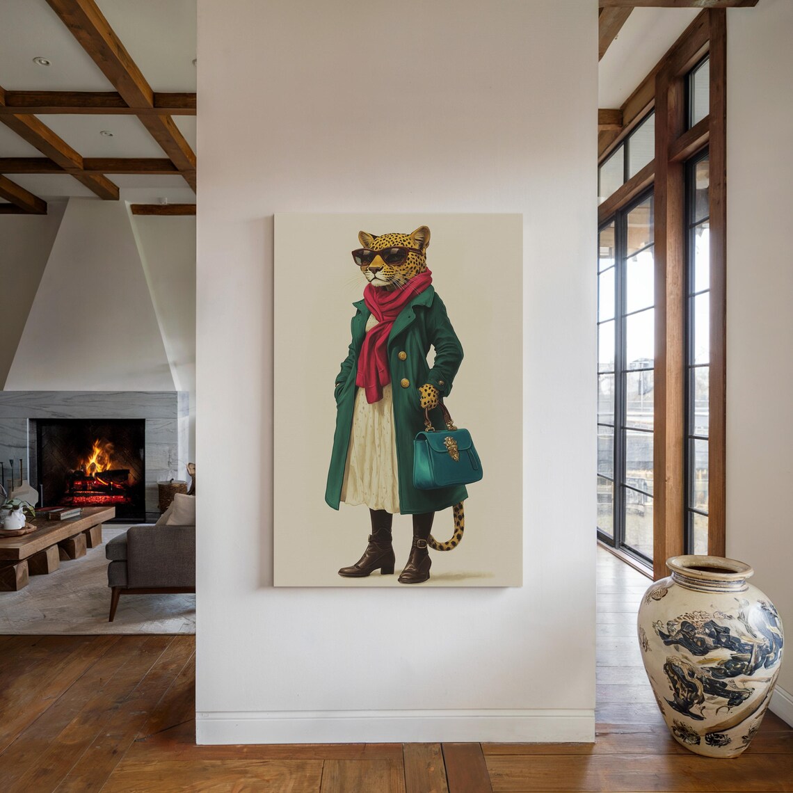 Fashionable Leopard In Sunglasses Green Coat Red Scarf Quirky Wall Art - Image 4