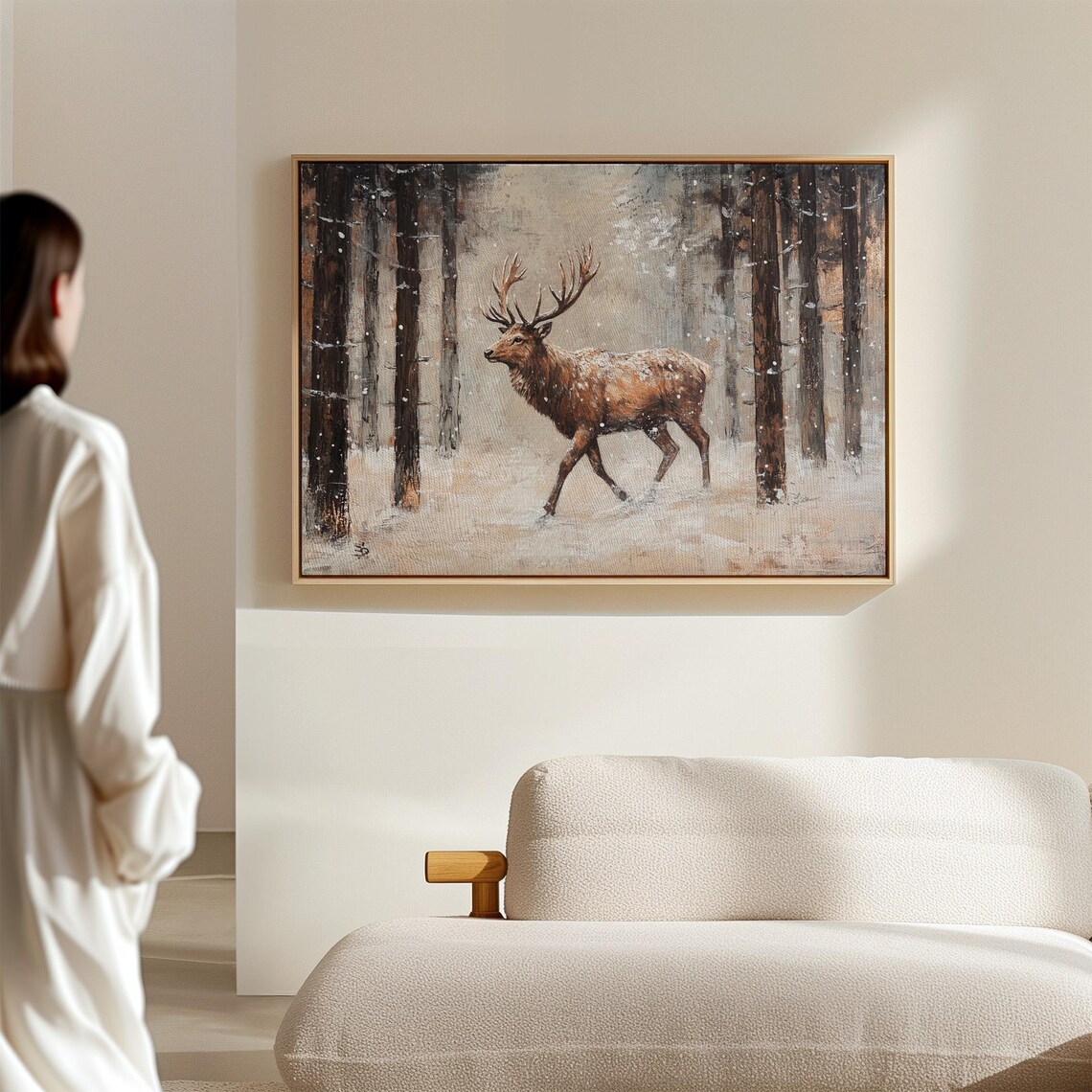 Majestic Elk In Snowy Winter Forest Rustic Wildlife Painting Style Print - Image 2