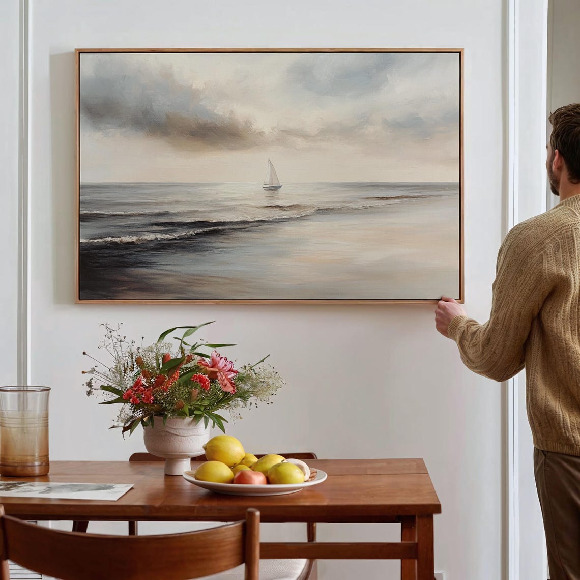 Lonely Sailboat On Calm Sea Under Moody Clouds Neutral Coastal Poster - Image 3