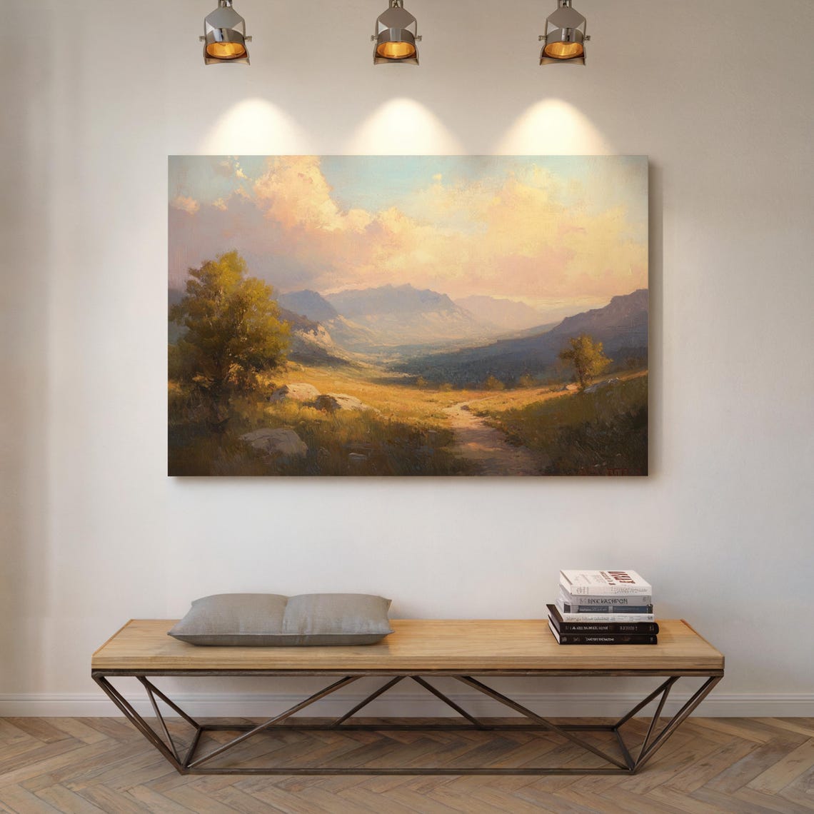 Golden Valley Landscape Art Serene Mountain Path Nature Inspired Wall Decor Print Tranquil Countryside Painting Rustic Home Accent - Image 3