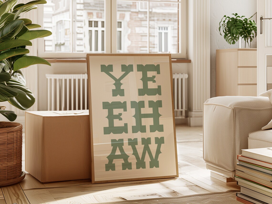 Yeehaw Western Typography Poster Sage Green Cowboy Wall Art Print