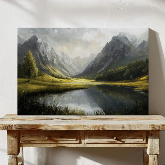 Golden Valley Mountain Landscape Painting Tranquil Nature Wall Art Scenic Lake Print Rustic Outdoor Decor Serene Home Artwork