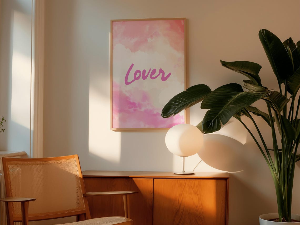 Lover Pink Script Watercolor Clouds Romantic Typography Wall Poster - Image 2