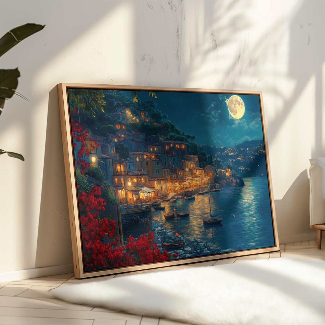Moonlit Coastal Village Night Boats Lights Red Flowers Poster - Image 4
