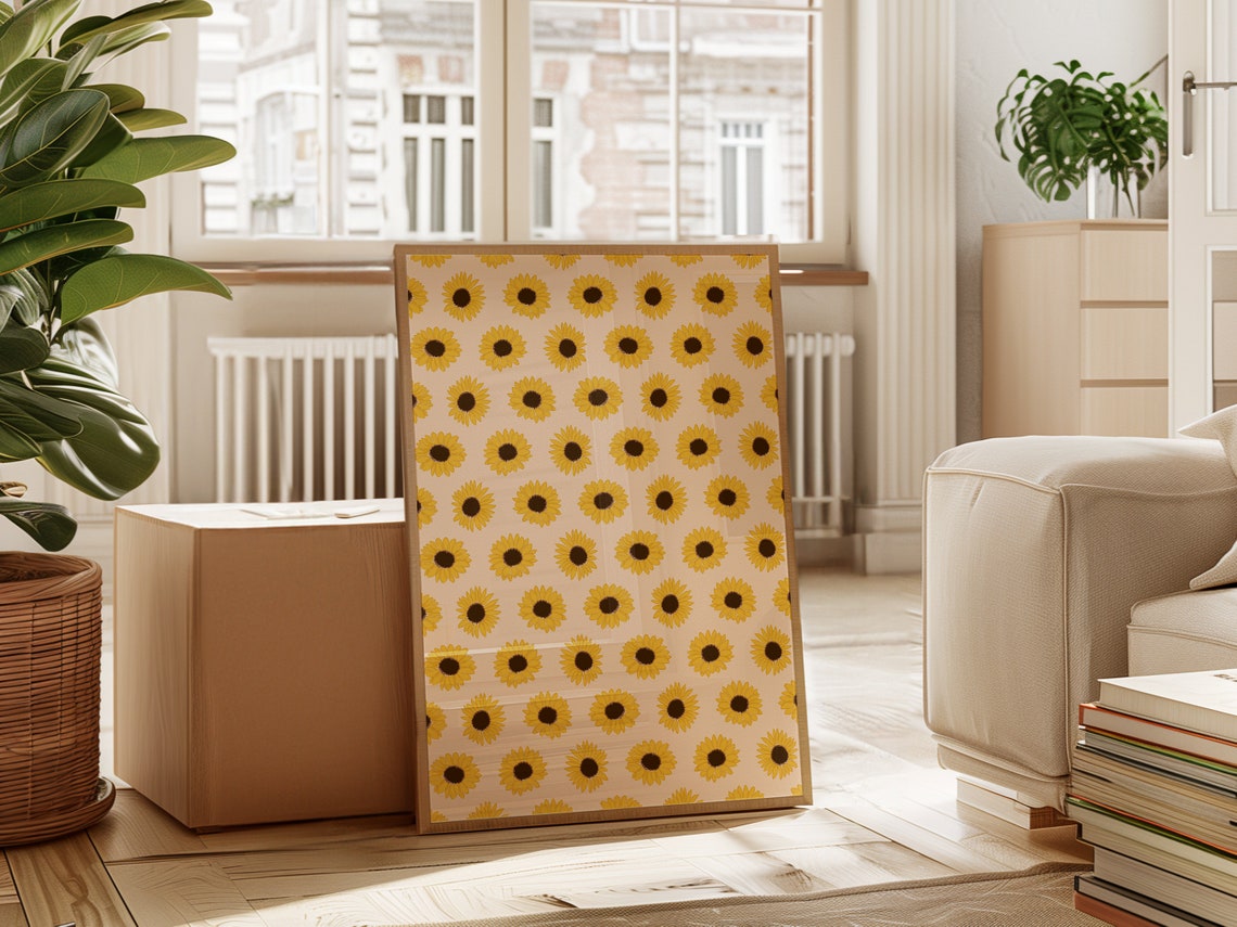 Sunflower Repeat Pattern Yellow Blooms Cream Botanical Wall Art - Image 2