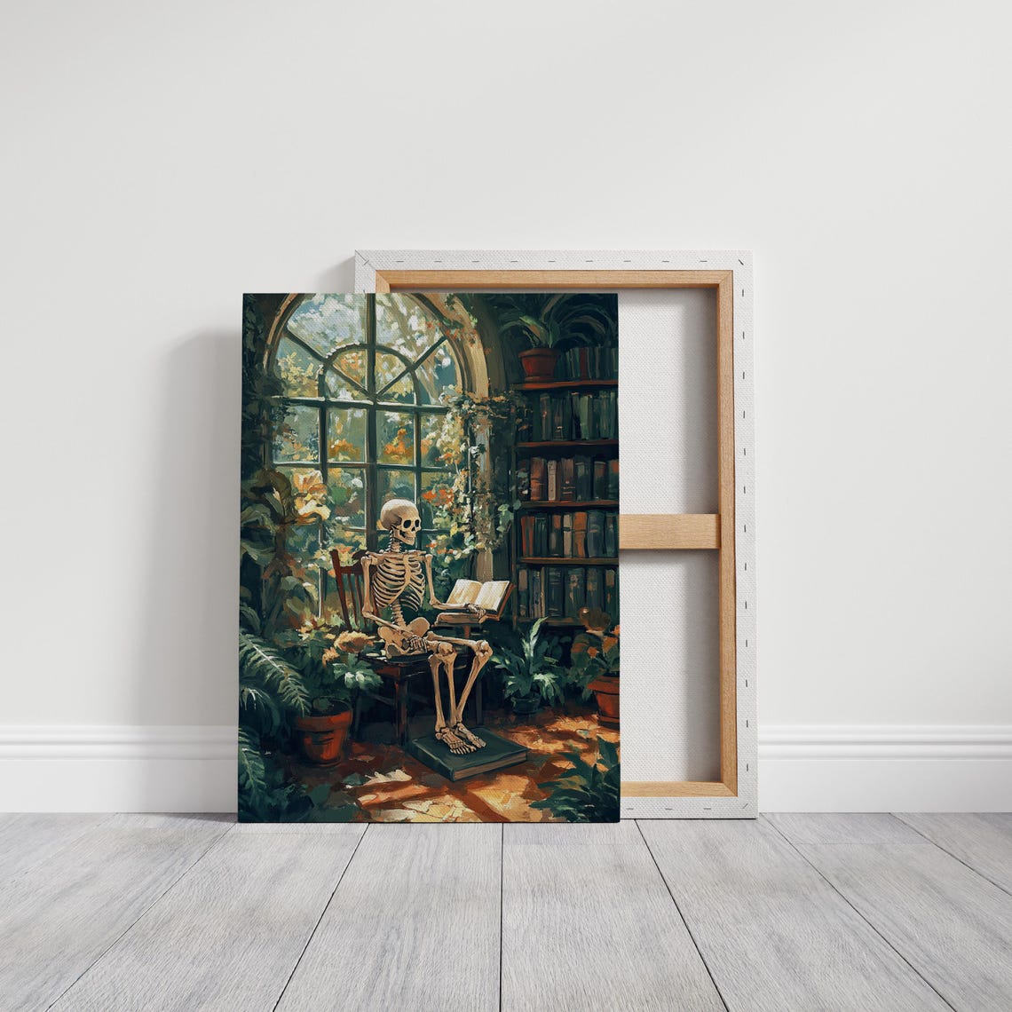 Skeleton Reading In Sunlit Library Botanical Dark Academia Print - Image 4
