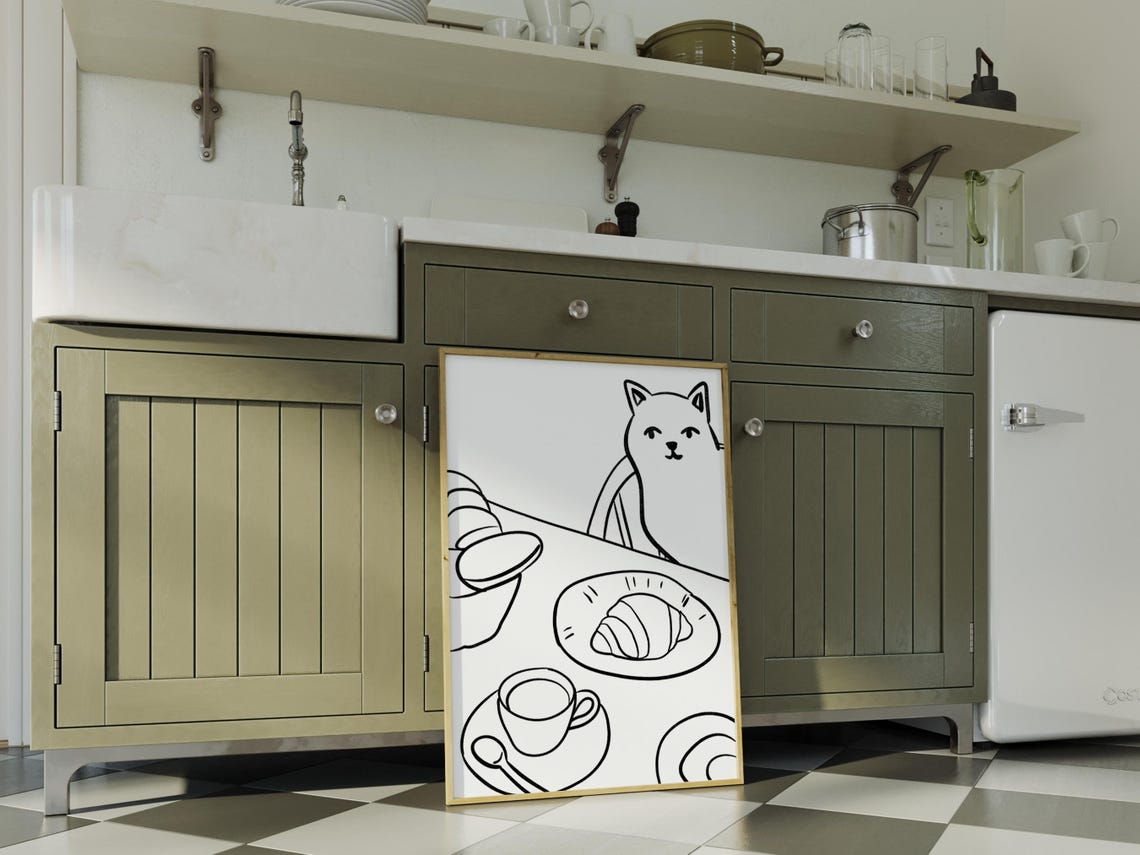 Whimsical Cat French Breakfast Table Minimalist Line Art Wall Poster - Image 2