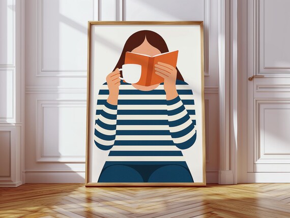 Modern Book Lover Print, Minimalist Woman Reading