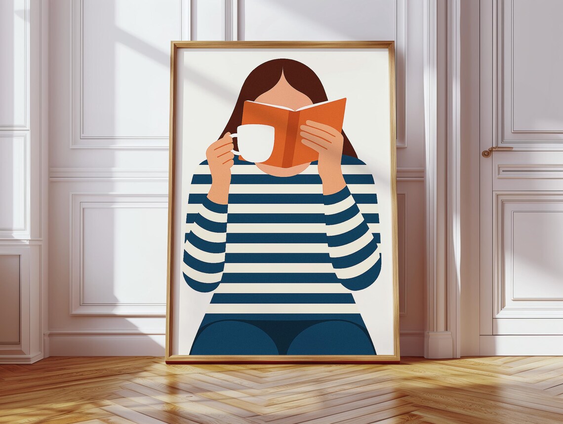 Modern Book Lover Print, Minimalist Woman Reading