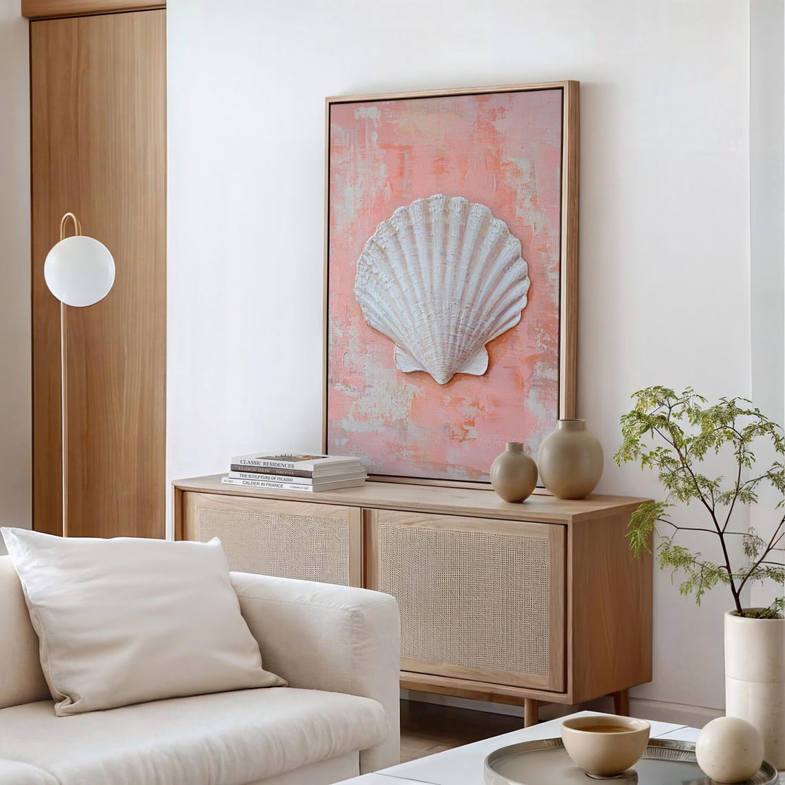 Textured White Scallop Shell Coral Pink Impasto Coastal Art Poster - Image 2