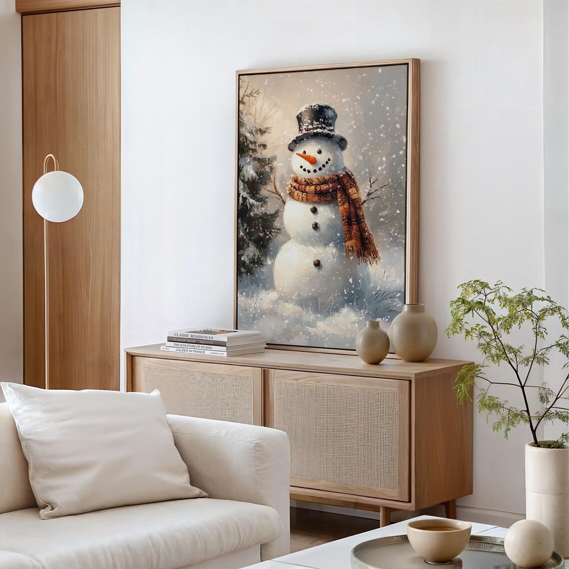 Vintage Snowman In Top Hat And Scarf Amid Falling Snow Holiday Poster - Image 4