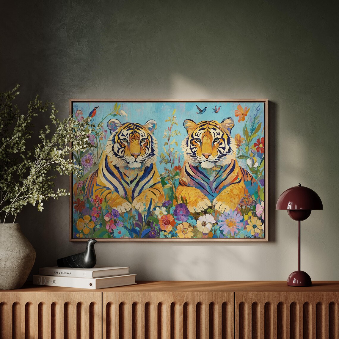 Majestic Tiger Duo Colorful Wildflowers Vibrant Wildlife Illustration Poster - Image 2