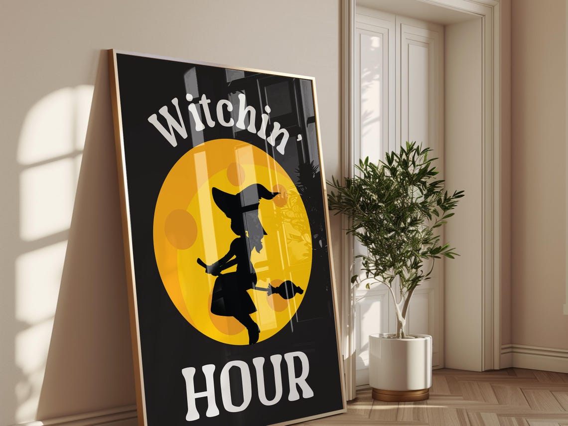 Witchin Hour Witch On Broomstick Full Moon Silhouette Halloween Poster - Image 2