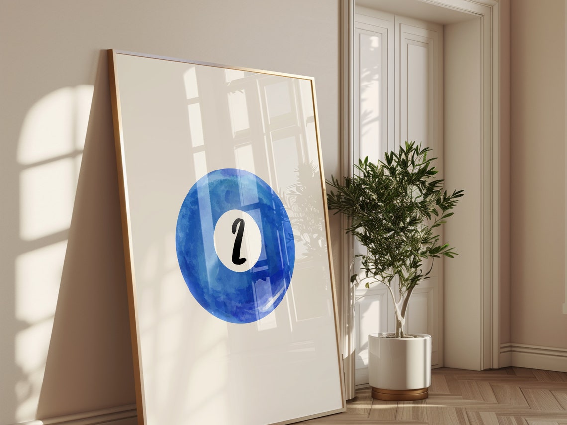 Blue Watercolor Pool Ball Number Two Billiards Game Room Wall Art - Image 2