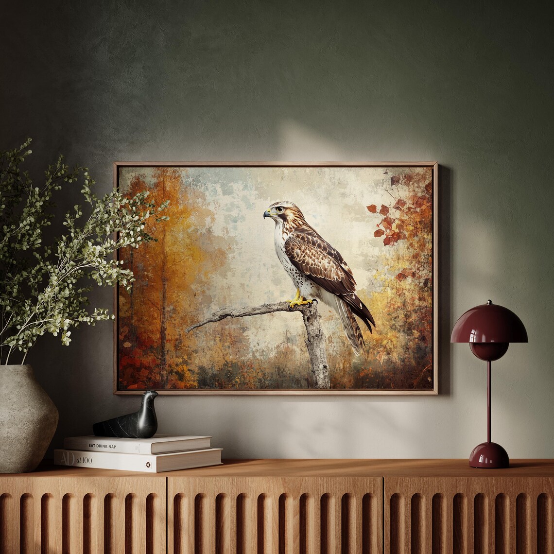 Regal Hawk Perched on Branch, Rustic Autumn Wildlife Art Print - Image 5
