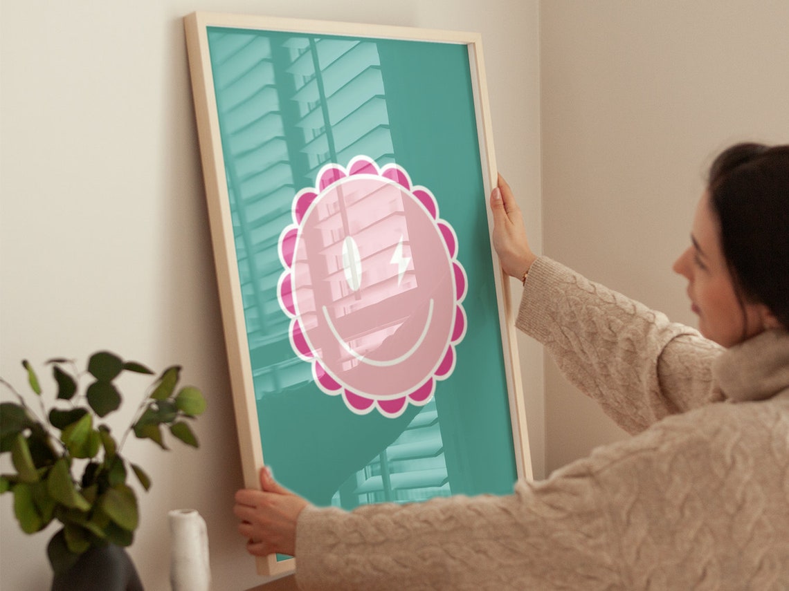 Pink Smiley Face On Teal Background Groovy Preppy Trendy Wall Art - Image 4