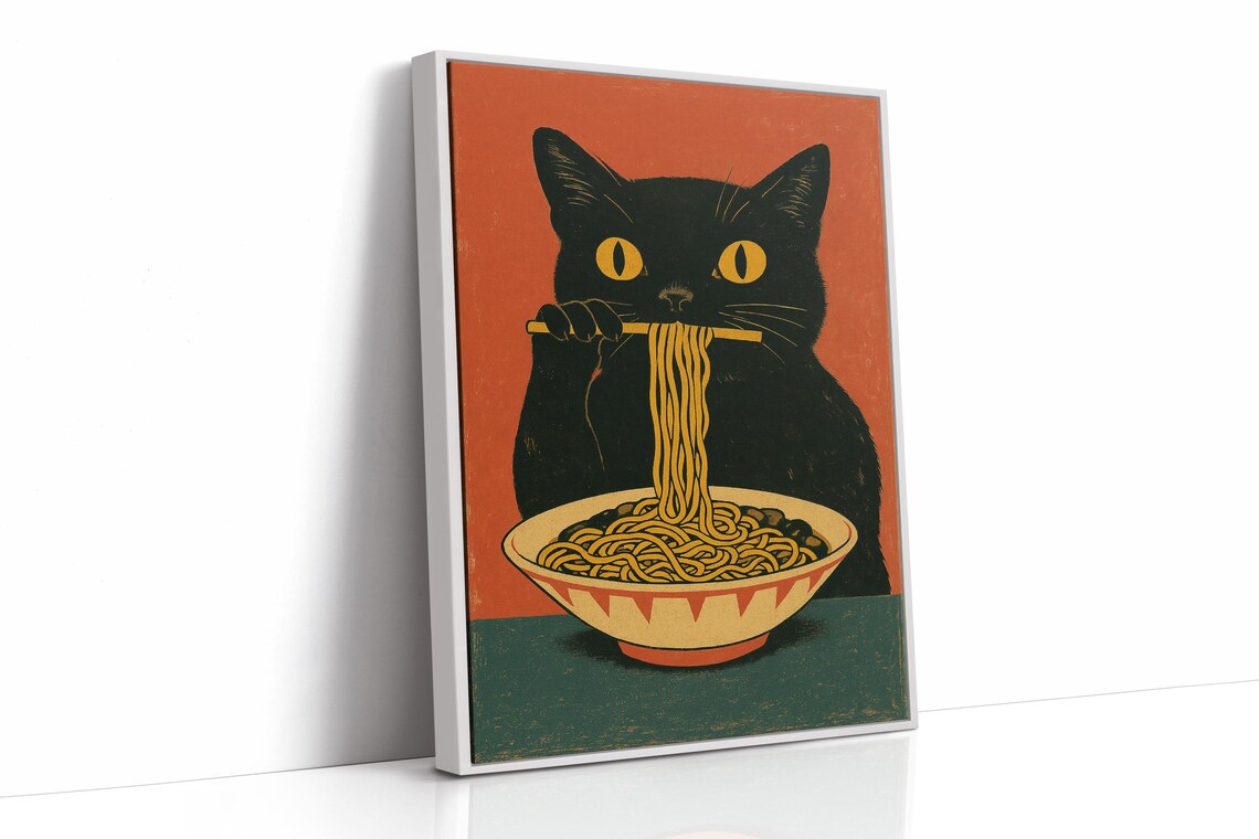 Black Cat Eating Ramen, Funny Retro Japanese Style - Image 2